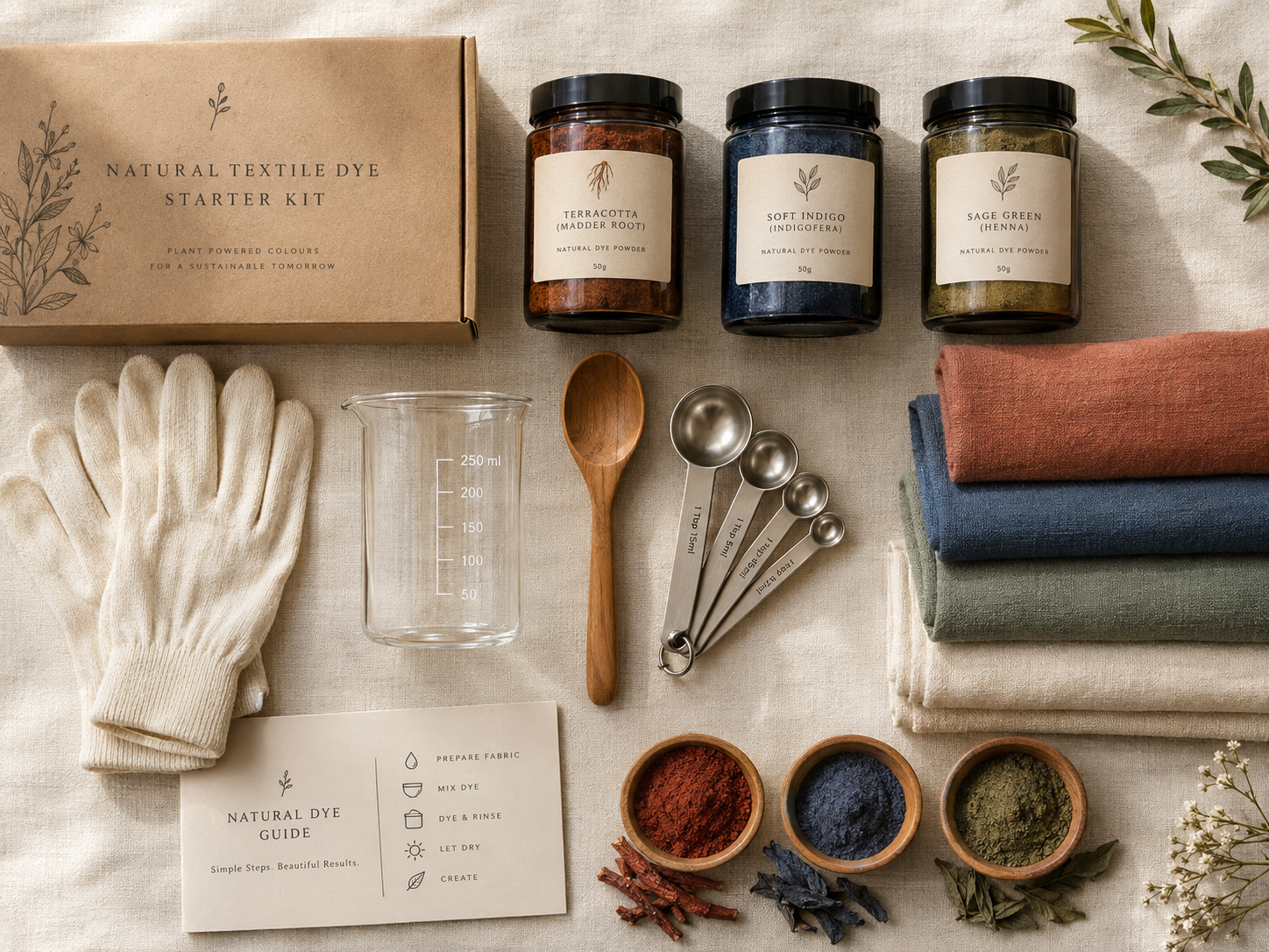 Starter dye kit supplies laid out on linen