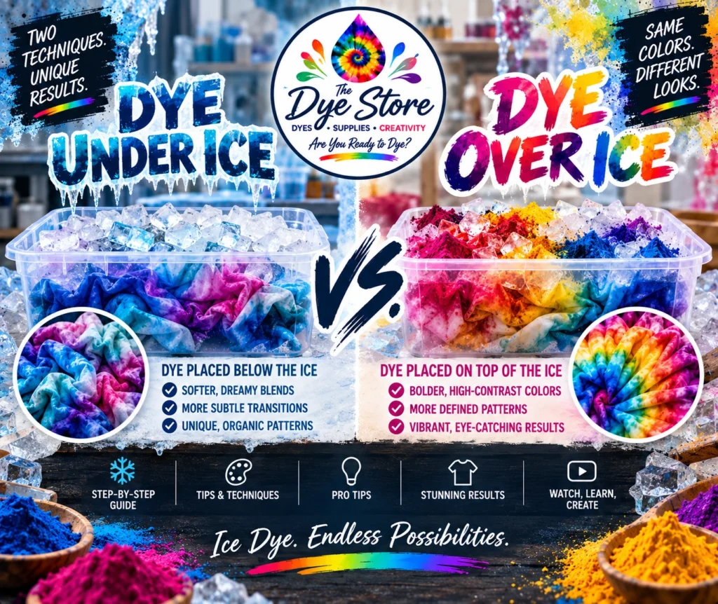 Dye Under Ice vs Dye Over Ice tutorial cover with The Dye Store logo, comparing dye placement below and above the ice