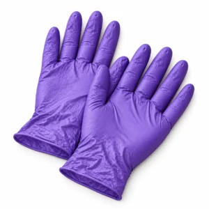 Pair of overlapping purple disposable nitrile gloves on a white background.