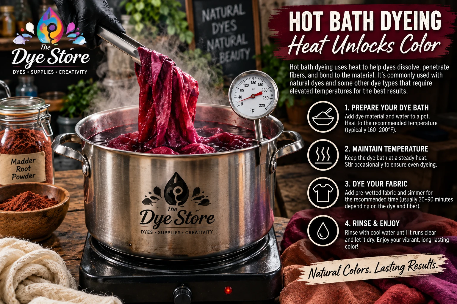 Hot bath dyeing process showing heated dye bath, thermometer, and fabric for The Dye Store tutorial