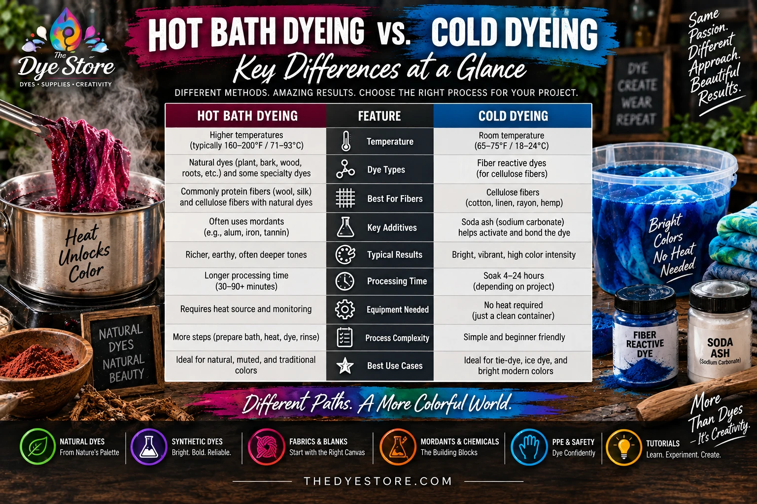 Hot bath dyeing versus cold dyeing comparison chart showing fibers, temperatures, dye types, and methods