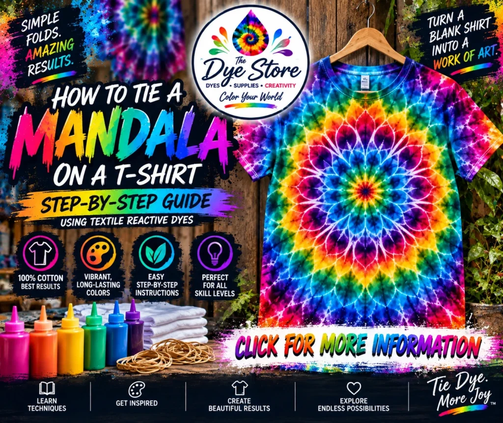 How to tie a mandala on a T-shirt using textile reactive dyes, colorful tutorial cover with The Dye Store logo