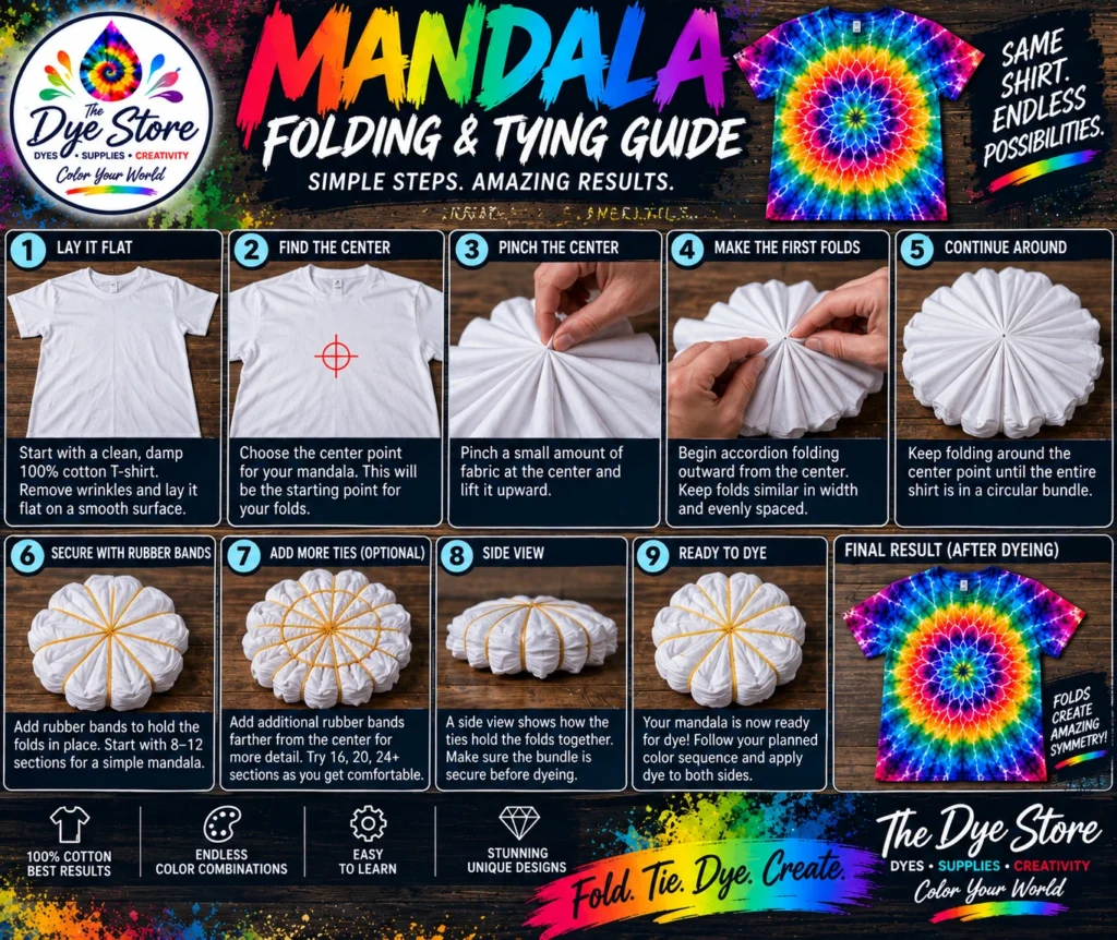 Mandala tie-dye folding and tying guide showing center pinch, accordion folds and rubber band placement