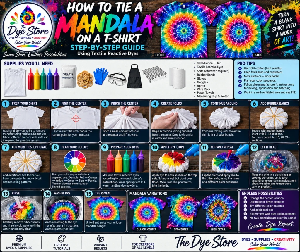 Mandala tie-dye complete step-by-step guide using textile reactive dyes on a 100 percent cotton T-shirt