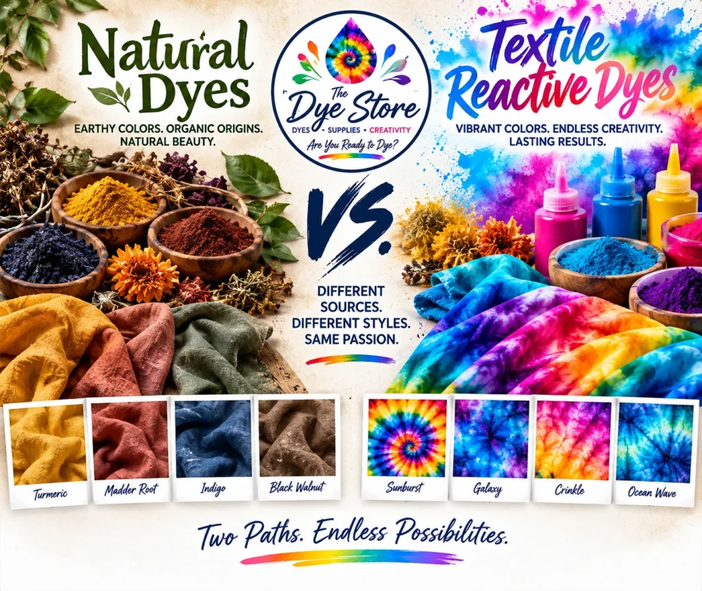 Natural dyes vs textile reactive dyes comparison showing earthy natural colors and vibrant fiber reactive dye colors