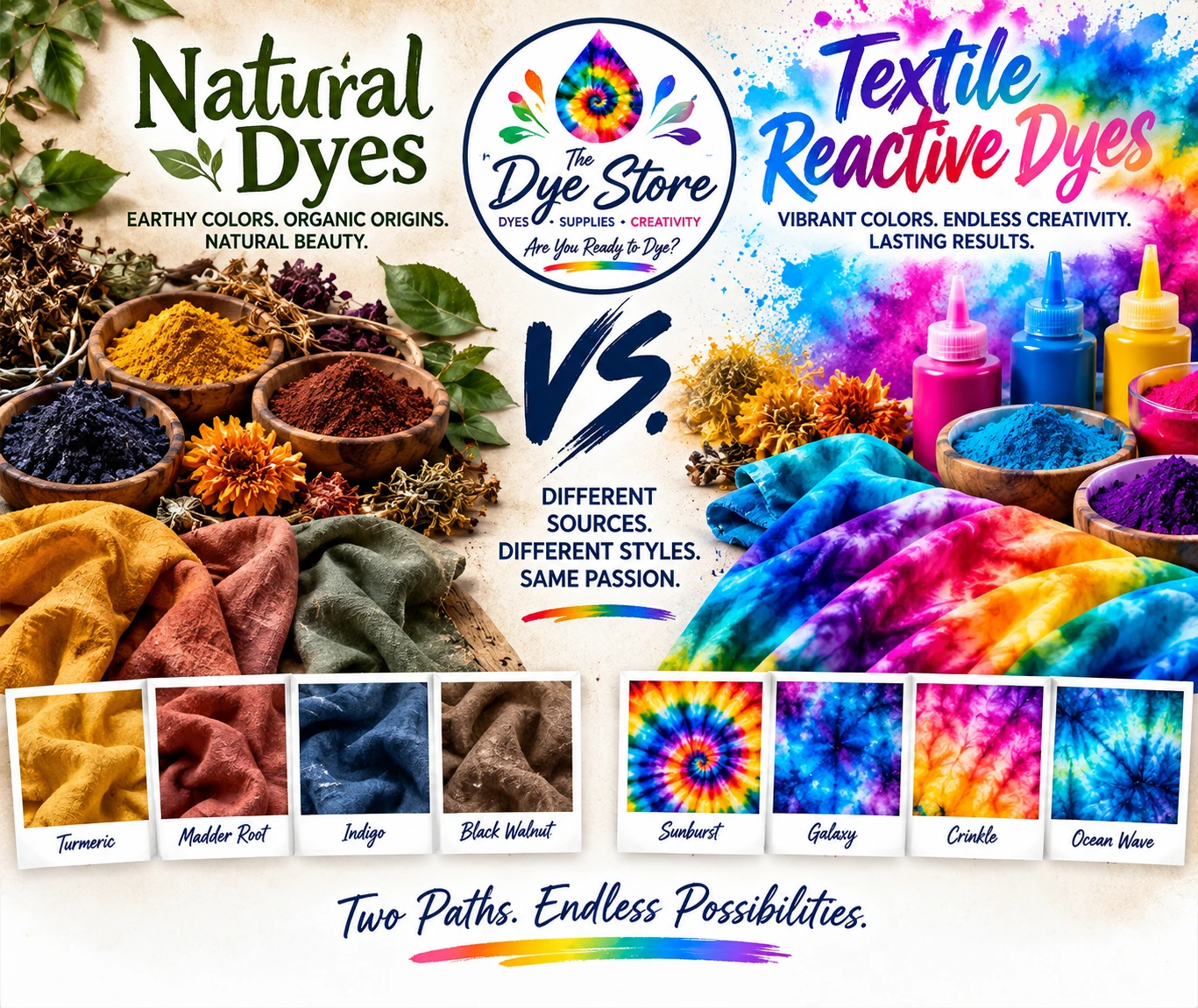 Natural dyes vs textile reactive dyes comparison showing earthy natural colors and vibrant fiber reactive dye colors