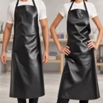 Two models wearing long black waterproof dyeing aprons over white shirts in a softly lit dye studio.