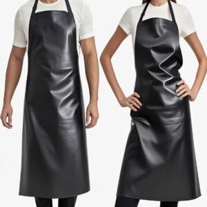 Two models wearing long black waterproof dyeing aprons over white shirts against a white background.