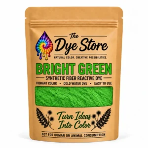 The Dye Store Bright Green fiber reactive dye powder in a single kraft pouch with green powder visible through the window