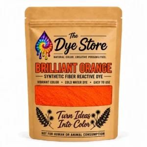 The Dye Store Brilliant Orange fiber reactive dye powder in a single kraft pouch with orange powder visible through the window