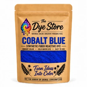 The Dye Store Cobalt Blue fiber reactive dye powder in a single kraft pouch with blue powder visible through the window