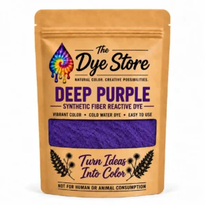 The Dye Store Deep Purple fiber reactive dye powder in a single kraft pouch with purple powder visible through the window
