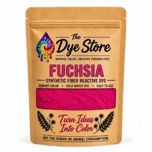 The Dye Store Fuchsia fiber reactive dye powder in a single kraft pouch with fuchsia powder visible through the window