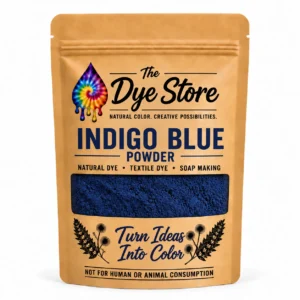 The Dye Store Indigo Blue Powder in a single kraft pouch with deep blue powder visible through the window