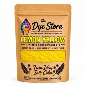 The Dye Store Lemon Yellow fiber reactive dye powder in a single kraft pouch with yellow powder visible through the window