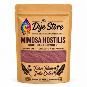 The Dye Store Mimosa Hostilis root bark powder pouch with fine pinkish-purple powder visible through the window