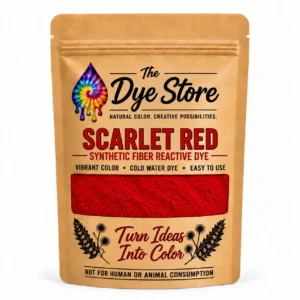 The Dye Store Scarlet Red fiber reactive dye powder in a single kraft pouch with red powder visible through the window