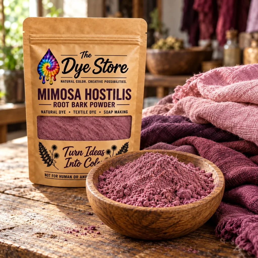 Wooden bowl of pinkish-purple Mimosa hostilis root bark powder beside pink, plum and burgundy textiles, with The Dye Store pouch behind it.