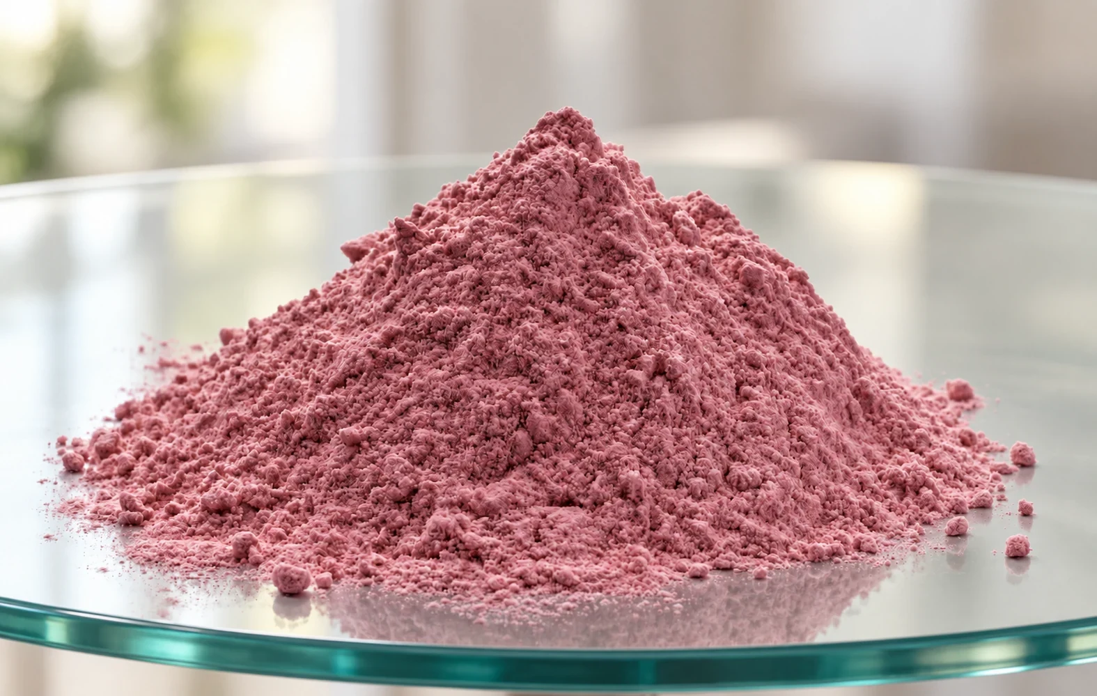 Uneven mound of pinkish-purple Mimosa hostilis root bark powder on a clear tempered glass table, with scattered powder and soft reflections.