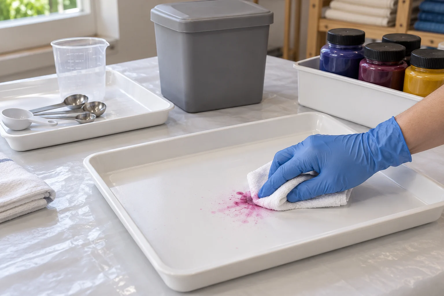 Illustration of one gloved hand using a damp cloth inside a rimmed cleanup tray, with clean tools and closed containers kept separately.