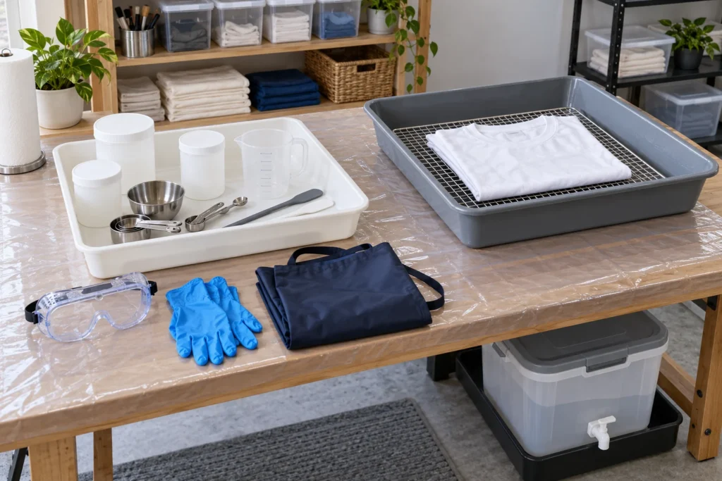 Illustration of a dedicated dyeing bench with separate mixing and wet-work trays, cotton fabric, gloves, splash goggles and an apron.