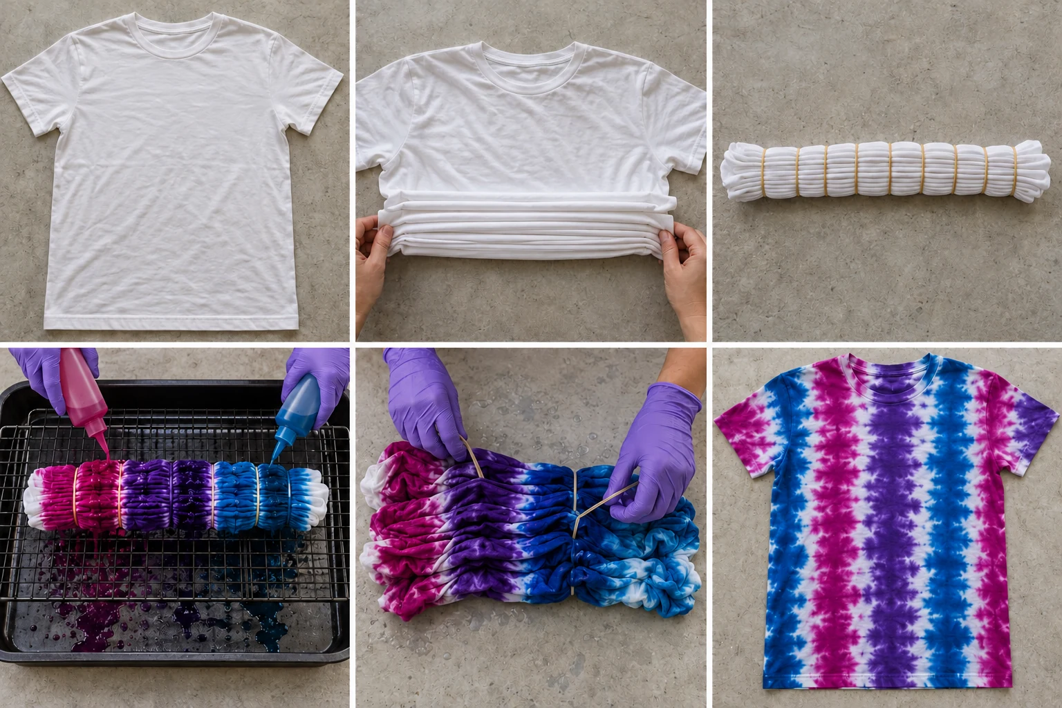Six-panel stripe tie-dye illustration showing accordion folds, a banded strip, dye sections, unfolding and vertical stripes.