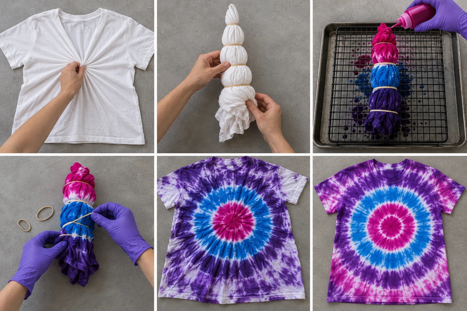 Six-panel bullseye tie-dye illustration showing a lifted shirt cone, spaced ties, colored sections, unfolding and concentric rings.