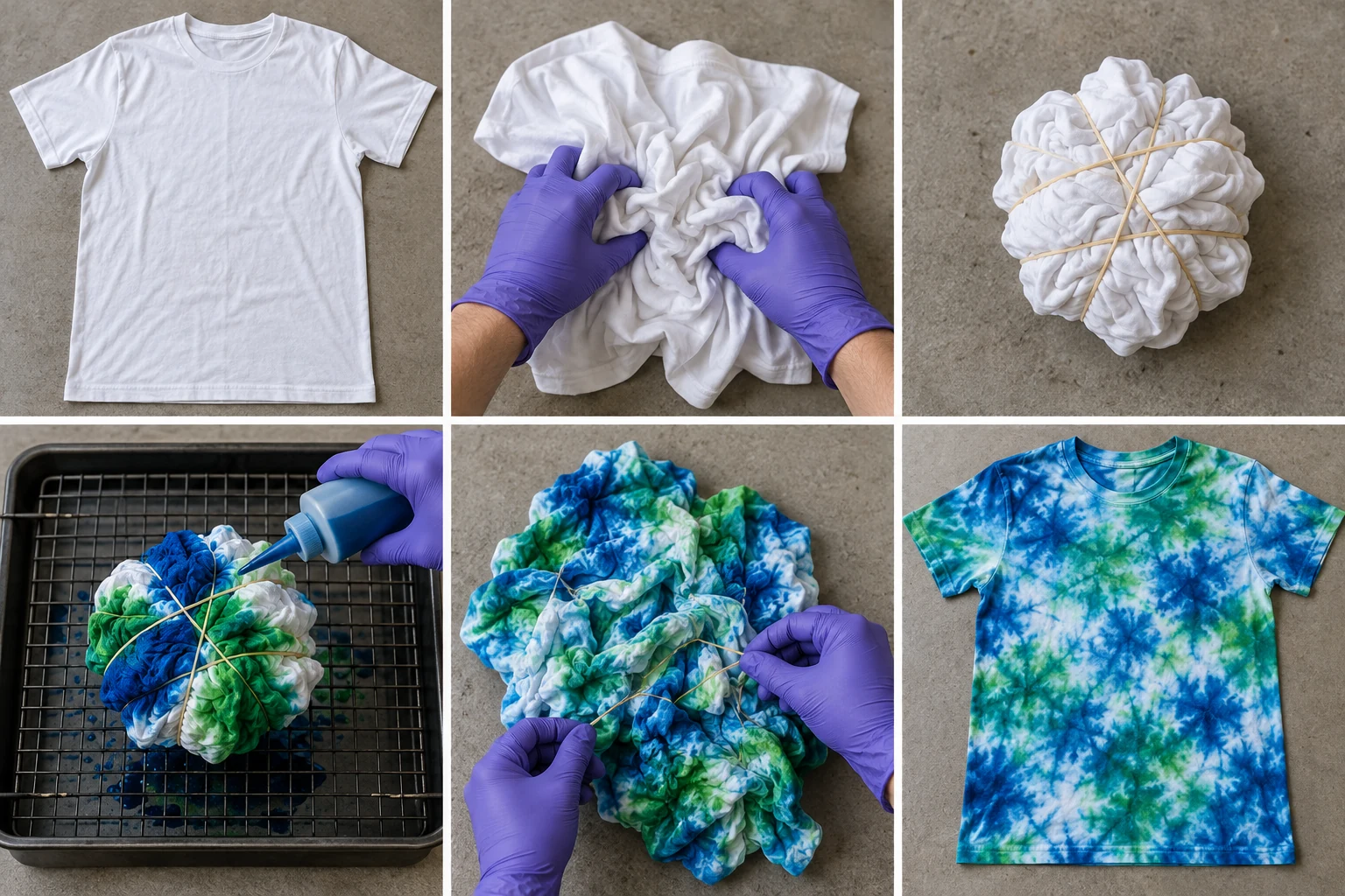 Six-panel crumple tie-dye illustration showing a white shirt scrunched, loosely banded, dyed blue and green, unfolded and finished.