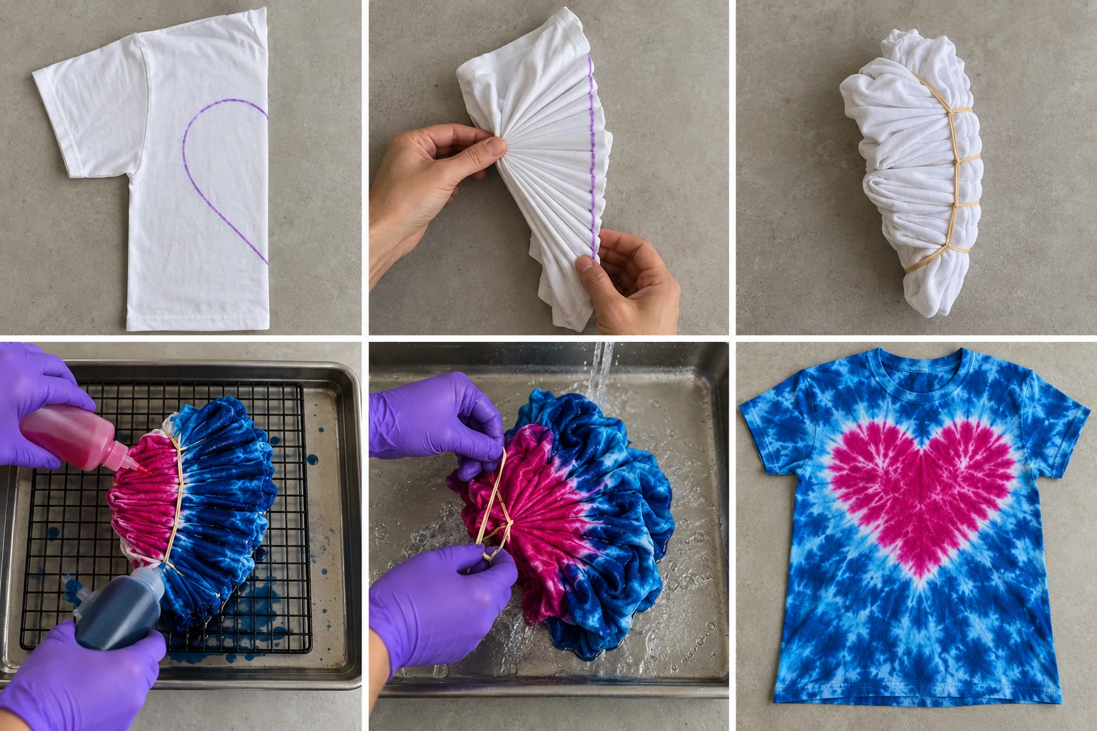 Six-panel heart tie-dye illustration showing a half-heart guideline, gathered pleats, binding, pink and blue dye, unfolding and a heart pattern.