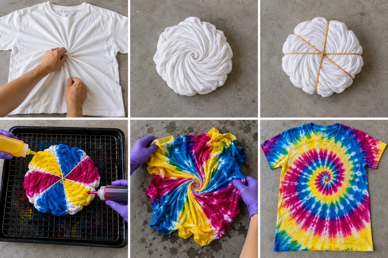 Six-panel spiral tie-dye illustration showing a cotton shirt twisted into a disk, banded into wedges, dyed, unfolded and finished.
